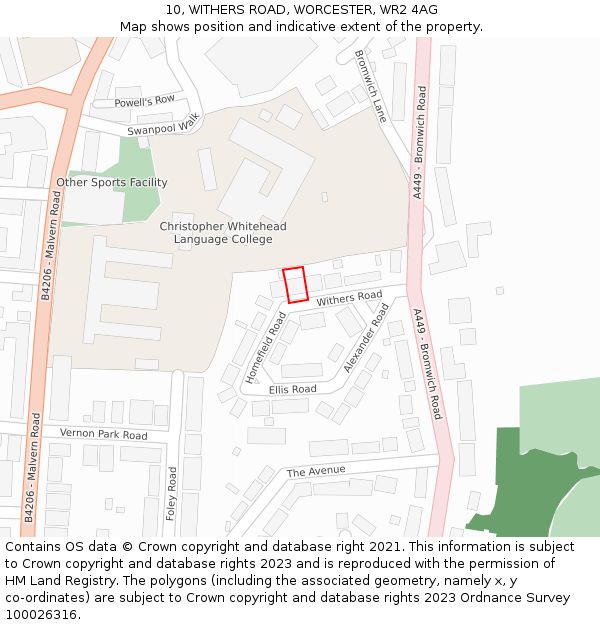 10, WITHERS ROAD, WORCESTER, WR2 4AG: Location map and indicative extent of plot