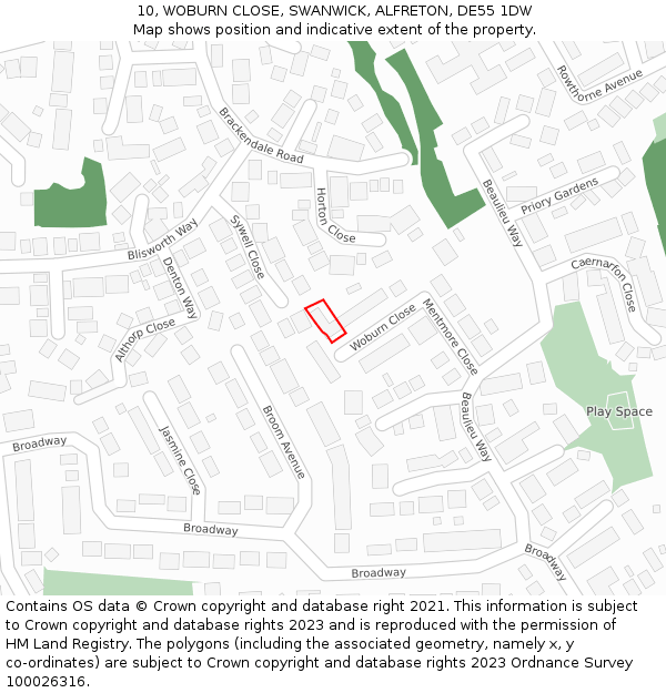 10, WOBURN CLOSE, SWANWICK, ALFRETON, DE55 1DW: Location map and indicative extent of plot