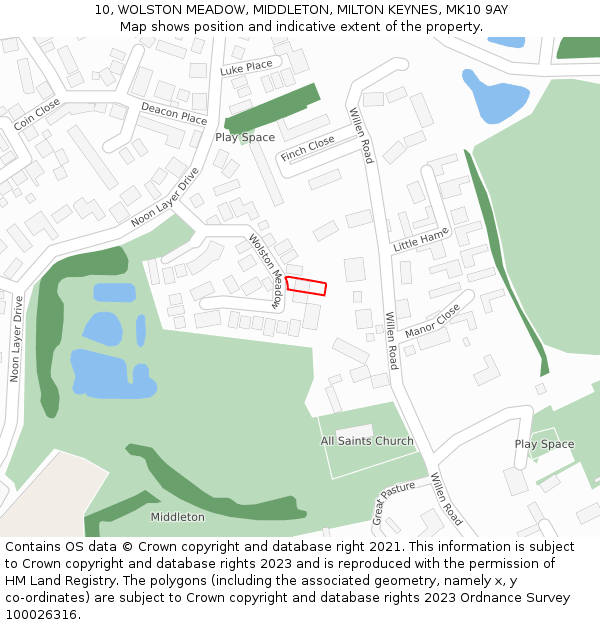 10, WOLSTON MEADOW, MIDDLETON, MILTON KEYNES, MK10 9AY: Location map and indicative extent of plot