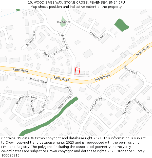 10, WOOD SAGE WAY, STONE CROSS, PEVENSEY, BN24 5FU: Location map and indicative extent of plot