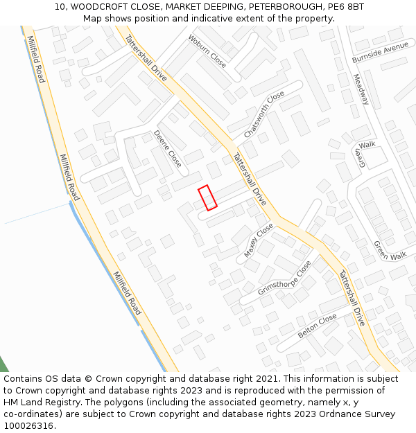 10, WOODCROFT CLOSE, MARKET DEEPING, PETERBOROUGH, PE6 8BT: Location map and indicative extent of plot