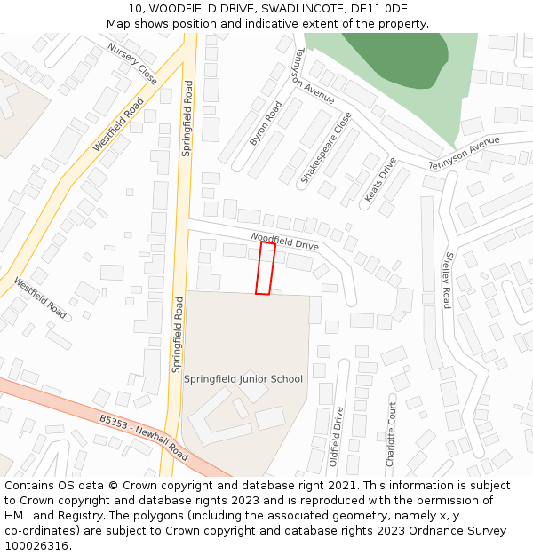 10, WOODFIELD DRIVE, SWADLINCOTE, DE11 0DE: Location map and indicative extent of plot