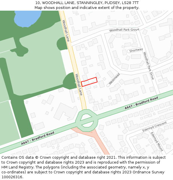 10, WOODHALL LANE, STANNINGLEY, PUDSEY, LS28 7TT: Location map and indicative extent of plot