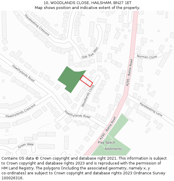 10, WOODLANDS CLOSE, HAILSHAM, BN27 1ET: Location map and indicative extent of plot