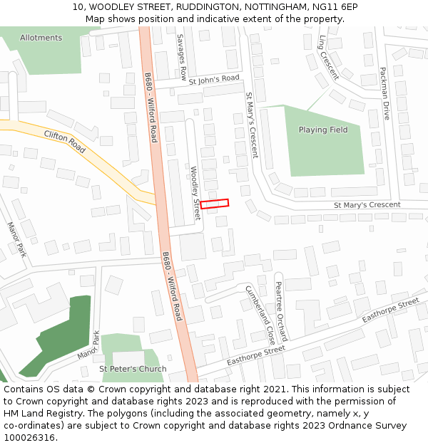 10, WOODLEY STREET, RUDDINGTON, NOTTINGHAM, NG11 6EP: Location map and indicative extent of plot