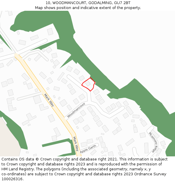 10, WOODMANCOURT, GODALMING, GU7 2BT: Location map and indicative extent of plot