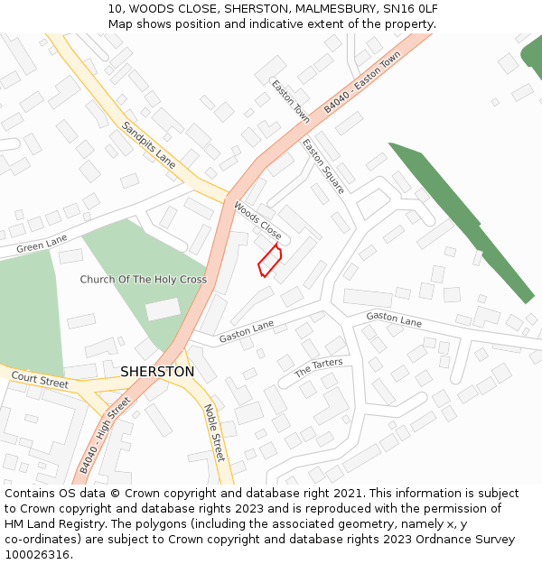 10, WOODS CLOSE, SHERSTON, MALMESBURY, SN16 0LF: Location map and indicative extent of plot