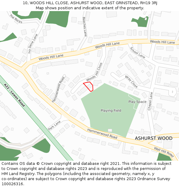 10, WOODS HILL CLOSE, ASHURST WOOD, EAST GRINSTEAD, RH19 3RJ: Location map and indicative extent of plot