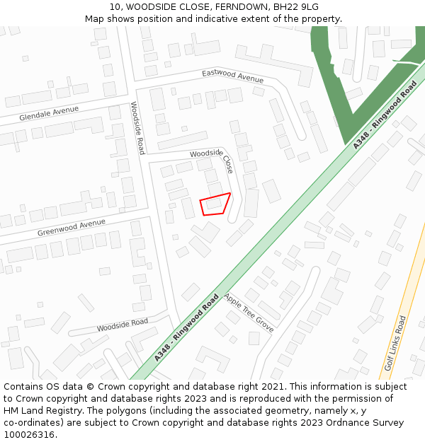 10, WOODSIDE CLOSE, FERNDOWN, BH22 9LG: Location map and indicative extent of plot