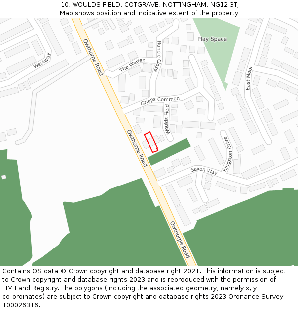 10, WOULDS FIELD, COTGRAVE, NOTTINGHAM, NG12 3TJ: Location map and indicative extent of plot