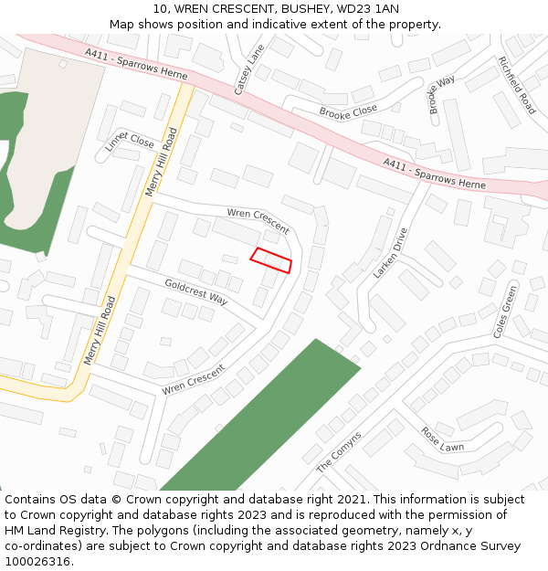 10, WREN CRESCENT, BUSHEY, WD23 1AN: Location map and indicative extent of plot