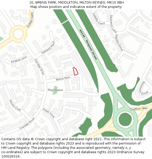 10, WRENS PARK, MIDDLETON, MILTON KEYNES, MK10 9BH: Location map and indicative extent of plot