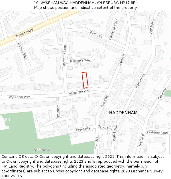 10, WYKEHAM WAY, HADDENHAM, AYLESBURY, HP17 8BL: Location map and indicative extent of plot