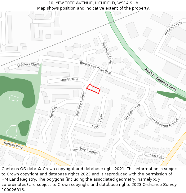 10, YEW TREE AVENUE, LICHFIELD, WS14 9UA: Location map and indicative extent of plot