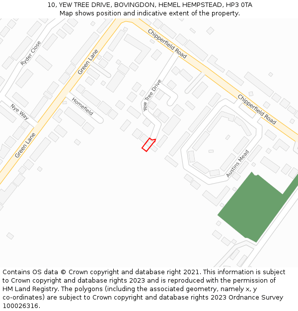 10, YEW TREE DRIVE, BOVINGDON, HEMEL HEMPSTEAD, HP3 0TA: Location map and indicative extent of plot