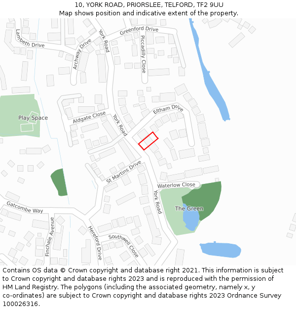 10, YORK ROAD, PRIORSLEE, TELFORD, TF2 9UU: Location map and indicative extent of plot