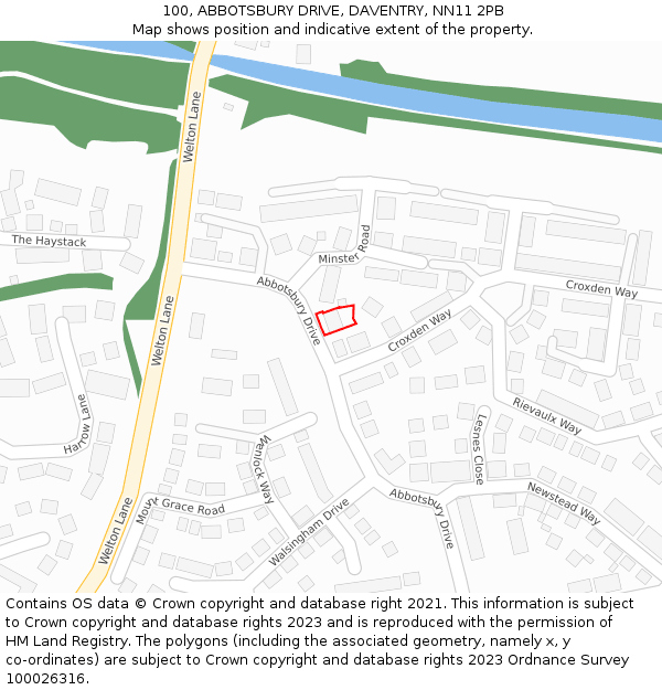 100, ABBOTSBURY DRIVE, DAVENTRY, NN11 2PB: Location map and indicative extent of plot