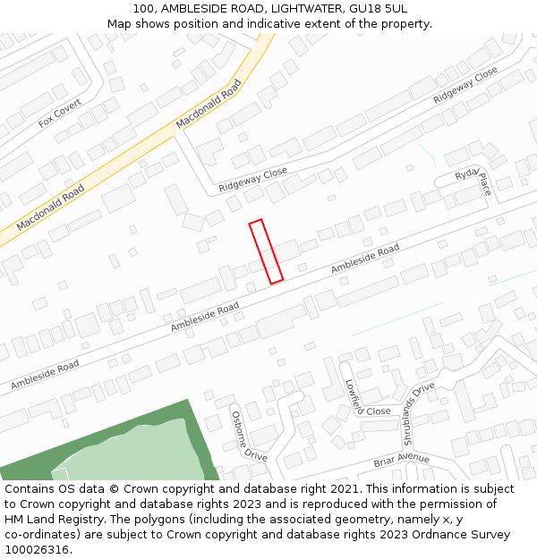 100, AMBLESIDE ROAD, LIGHTWATER, GU18 5UL: Location map and indicative extent of plot