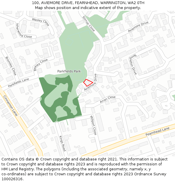 100, AVIEMORE DRIVE, FEARNHEAD, WARRINGTON, WA2 0TH: Location map and indicative extent of plot