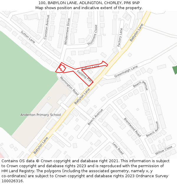 100, BABYLON LANE, ADLINGTON, CHORLEY, PR6 9NP: Location map and indicative extent of plot