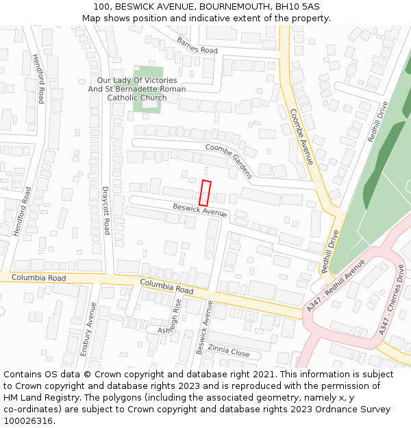 100, BESWICK AVENUE, BOURNEMOUTH, BH10 5AS: Location map and indicative extent of plot