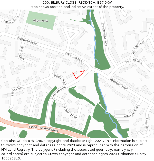 100, BILBURY CLOSE, REDDITCH, B97 5XW: Location map and indicative extent of plot