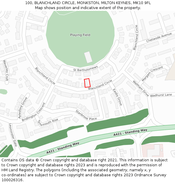 100, BLANCHLAND CIRCLE, MONKSTON, MILTON KEYNES, MK10 9FL: Location map and indicative extent of plot