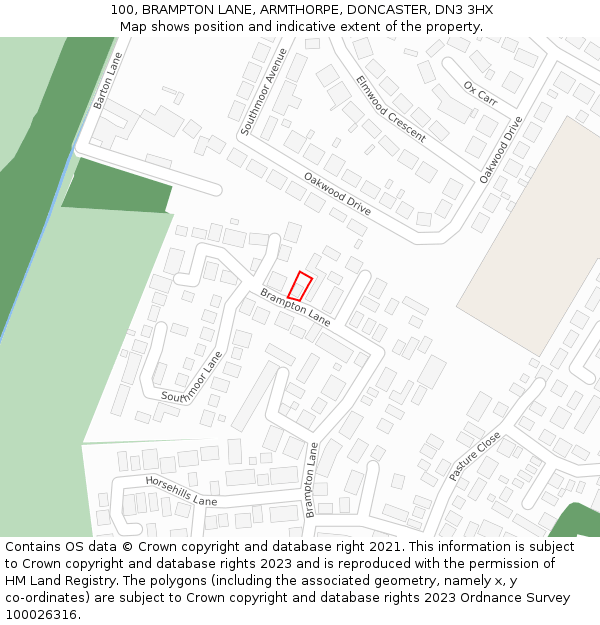 100, BRAMPTON LANE, ARMTHORPE, DONCASTER, DN3 3HX: Location map and indicative extent of plot