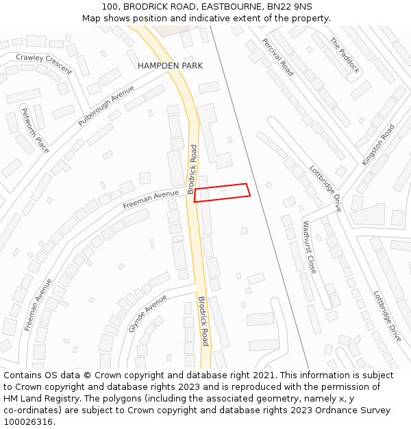 100, BRODRICK ROAD, EASTBOURNE, BN22 9NS: Location map and indicative extent of plot