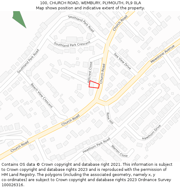 100, CHURCH ROAD, WEMBURY, PLYMOUTH, PL9 0LA: Location map and indicative extent of plot