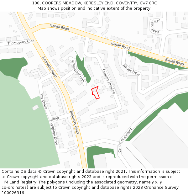 100, COOPERS MEADOW, KERESLEY END, COVENTRY, CV7 8RG: Location map and indicative extent of plot