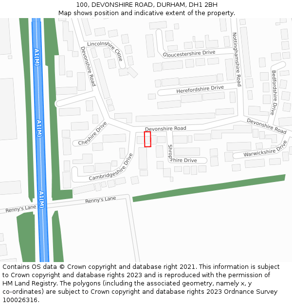 100, DEVONSHIRE ROAD, DURHAM, DH1 2BH: Location map and indicative extent of plot