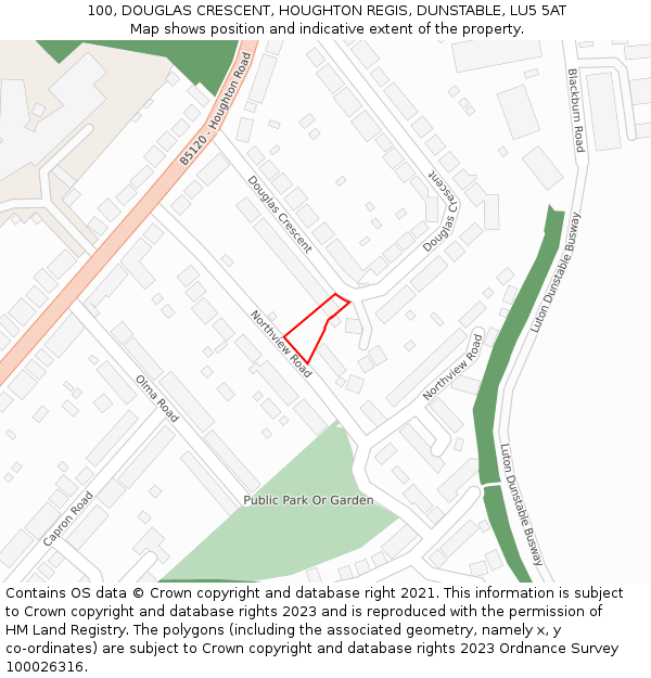 100, DOUGLAS CRESCENT, HOUGHTON REGIS, DUNSTABLE, LU5 5AT: Location map and indicative extent of plot