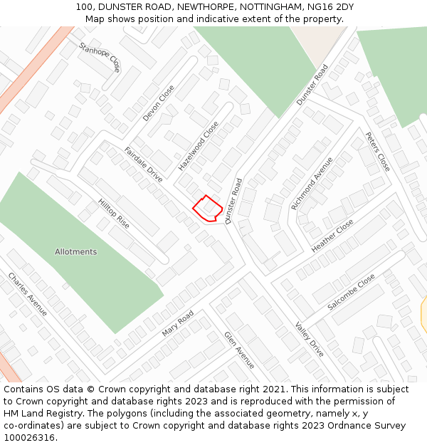 100, DUNSTER ROAD, NEWTHORPE, NOTTINGHAM, NG16 2DY: Location map and indicative extent of plot