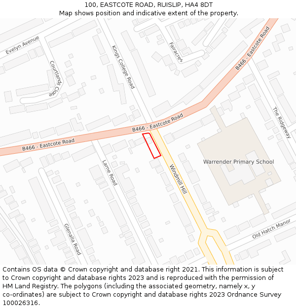 100, EASTCOTE ROAD, RUISLIP, HA4 8DT: Location map and indicative extent of plot