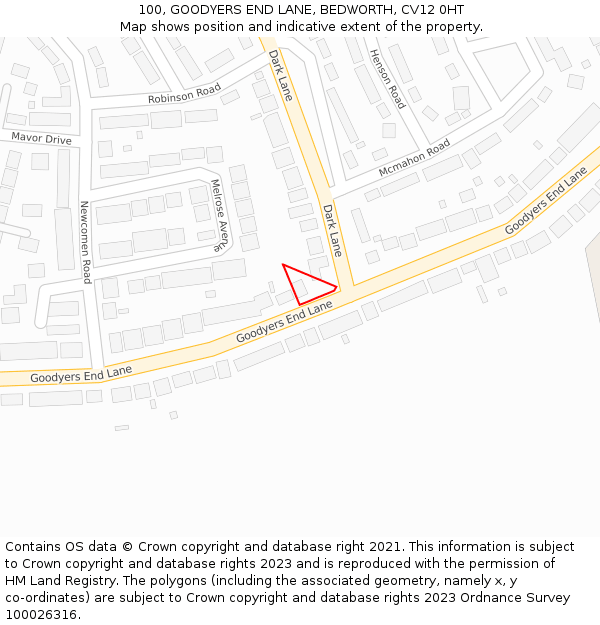 100, GOODYERS END LANE, BEDWORTH, CV12 0HT: Location map and indicative extent of plot