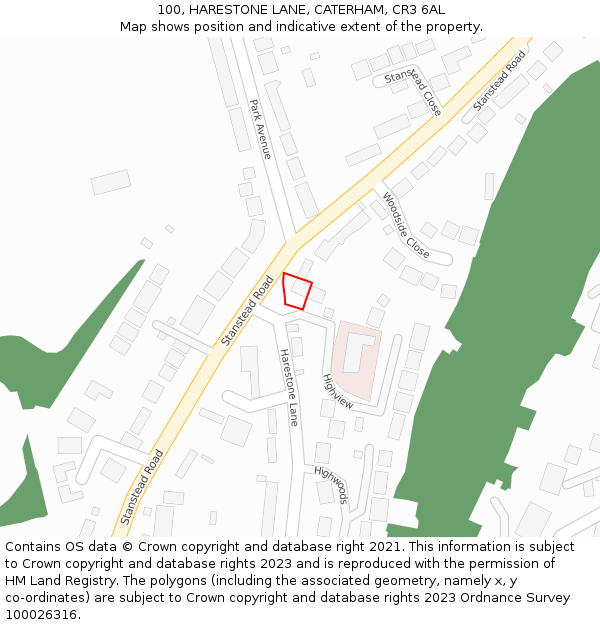 100, HARESTONE LANE, CATERHAM, CR3 6AL: Location map and indicative extent of plot