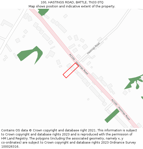 100, HASTINGS ROAD, BATTLE, TN33 0TQ: Location map and indicative extent of plot