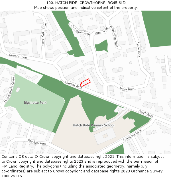 100, HATCH RIDE, CROWTHORNE, RG45 6LD: Location map and indicative extent of plot
