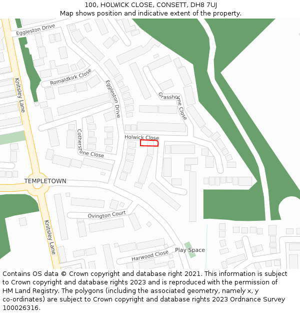 100, HOLWICK CLOSE, CONSETT, DH8 7UJ: Location map and indicative extent of plot