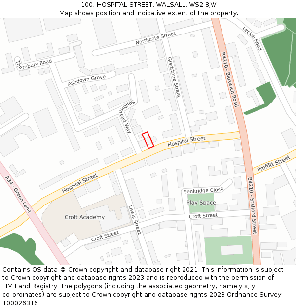 100, HOSPITAL STREET, WALSALL, WS2 8JW: Location map and indicative extent of plot