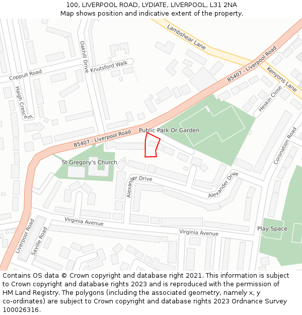 100, LIVERPOOL ROAD, LYDIATE, LIVERPOOL, L31 2NA: Location map and indicative extent of plot