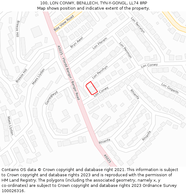 100, LON CONWY, BENLLECH, TYN-Y-GONGL, LL74 8RP: Location map and indicative extent of plot