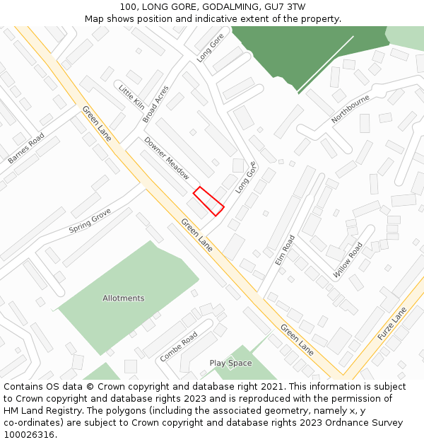 100, LONG GORE, GODALMING, GU7 3TW: Location map and indicative extent of plot