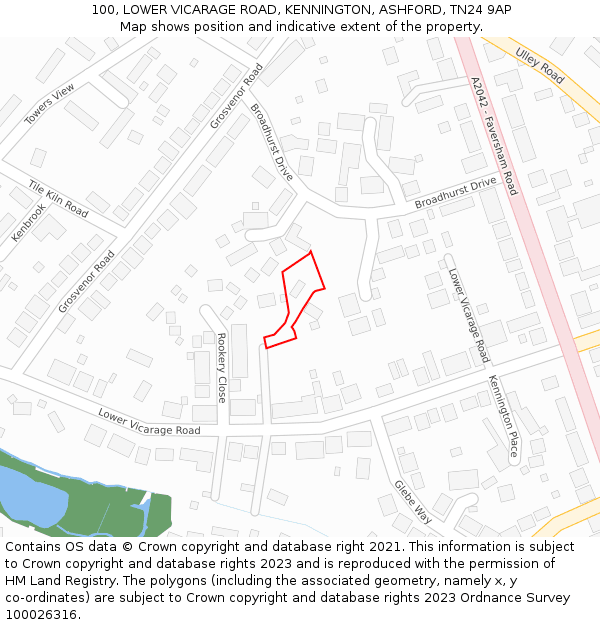 100, LOWER VICARAGE ROAD, KENNINGTON, ASHFORD, TN24 9AP: Location map and indicative extent of plot