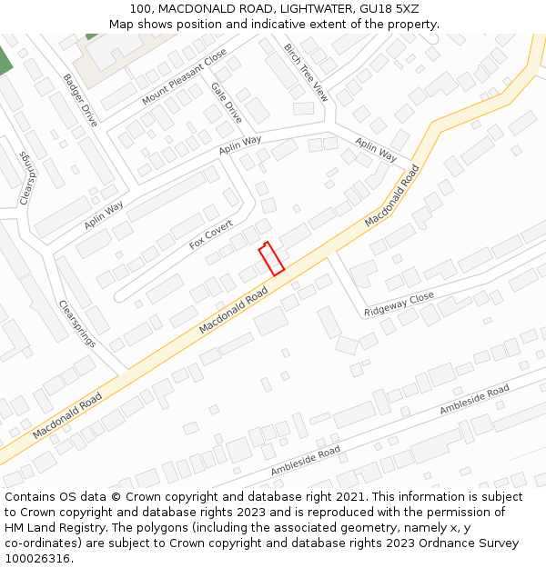 100, MACDONALD ROAD, LIGHTWATER, GU18 5XZ: Location map and indicative extent of plot