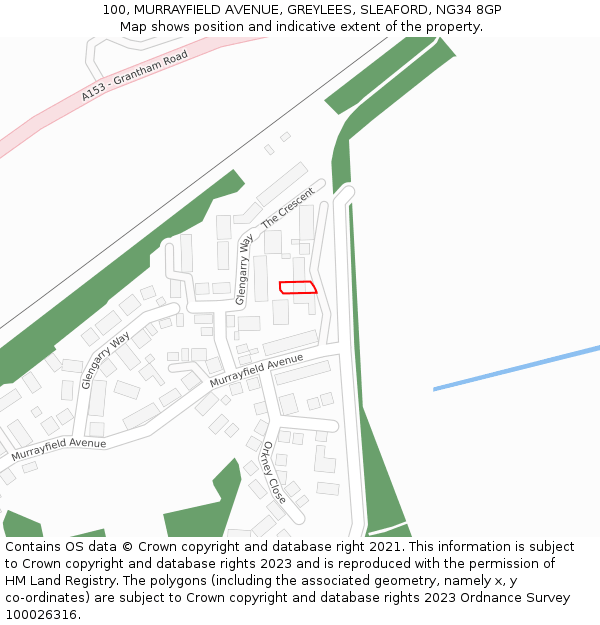 100, MURRAYFIELD AVENUE, GREYLEES, SLEAFORD, NG34 8GP: Location map and indicative extent of plot