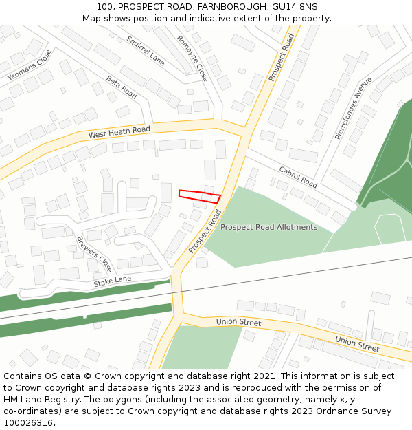 100, PROSPECT ROAD, FARNBOROUGH, GU14 8NS: Location map and indicative extent of plot