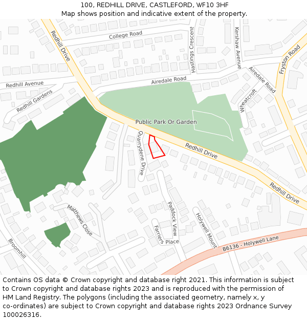 100, REDHILL DRIVE, CASTLEFORD, WF10 3HF: Location map and indicative extent of plot