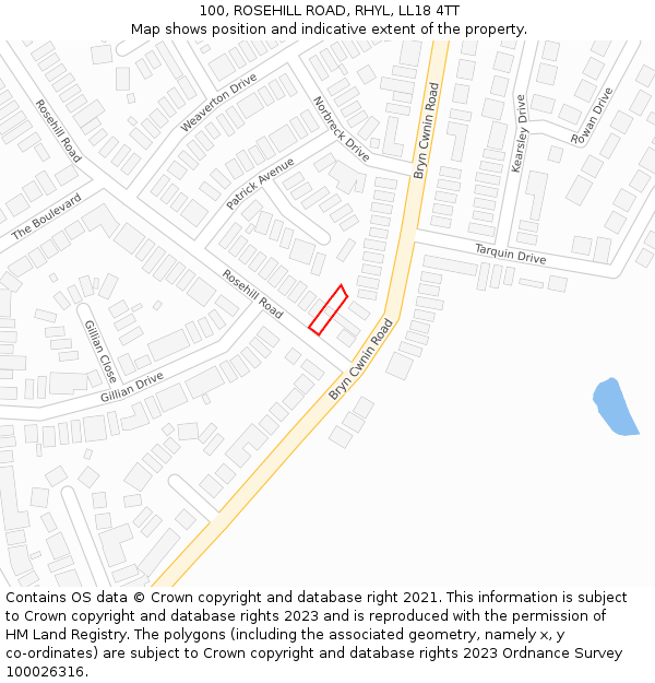 100, ROSEHILL ROAD, RHYL, LL18 4TT: Location map and indicative extent of plot